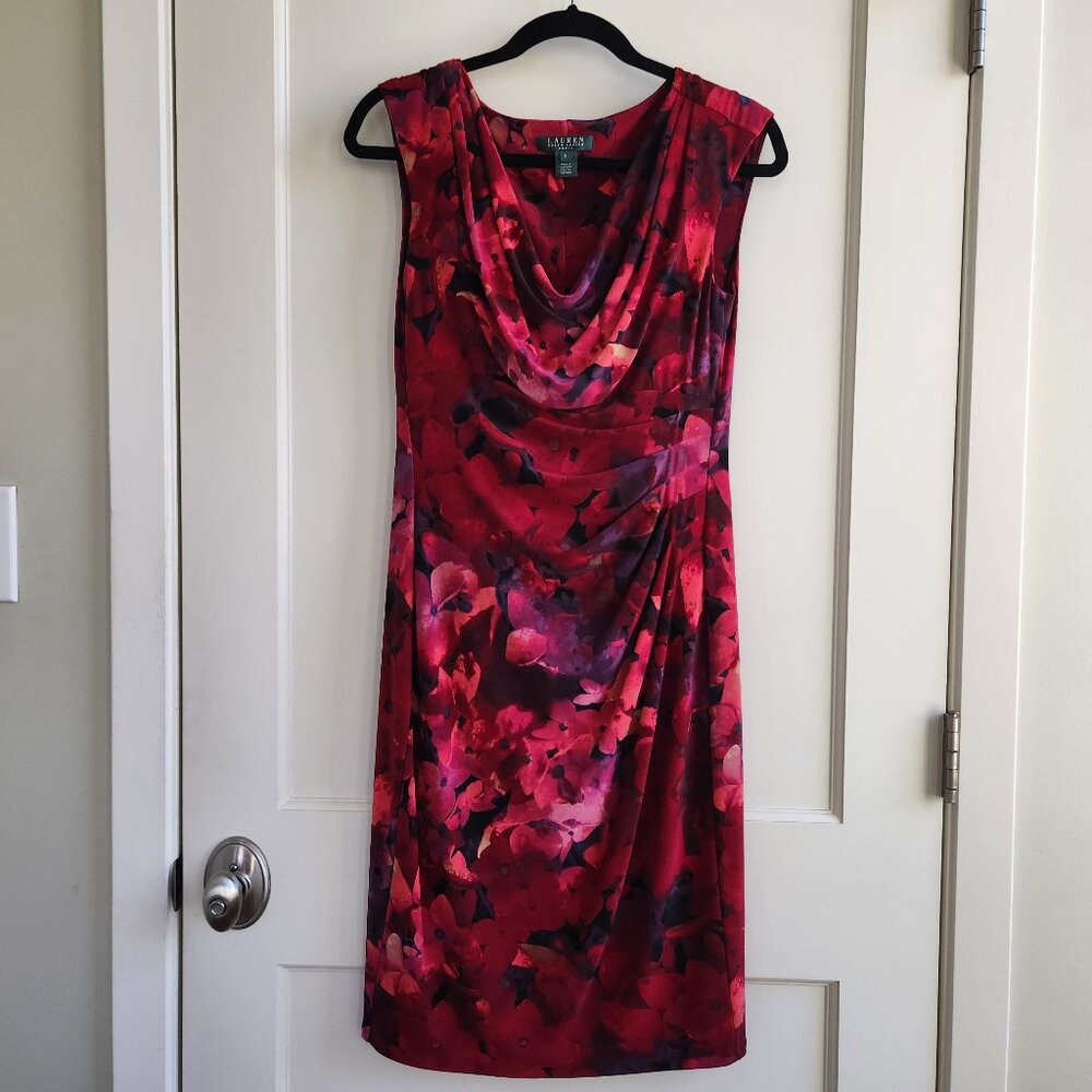Lauren Ralph Lauren Red Floral Ruched Sheath Dress Size 8 Wedding Guest